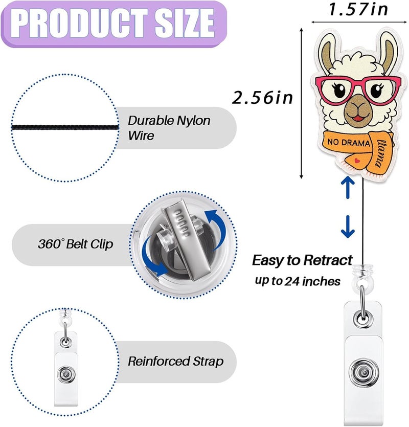 Bydevia Funny Llama Badge Reel Retractable for Nurse Nursing Student RN MA CNA LPN Medical Worker & Teacher, No Drama Llama Badge Reel, Cute Nurses Week Gifts, Personalized ID Badge Holder with Alligator Clip - Image 2